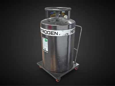 Stainless Steel Nitrogen Gas Cylinder Tank with Wheel Cart and Labels 3d model
