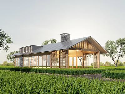 Modern Residential House With Glass Walls Wooden Structure Sloped Roof And Chimney In Green Field 3d model