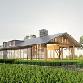 Modern Residential House With Glass Walls Wooden Structure Sloped Roof And Chimney In Green Field