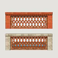 Traditional Screen Wall Designs with Red and Gray Brick Frames and Orange Hexagonal Perforated Patterns 3d model