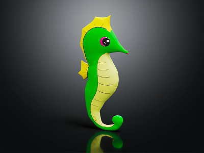 Cute Green Seahorse Doll With Yellow Fins Purple Eyes And Yellow Stripes 3d model