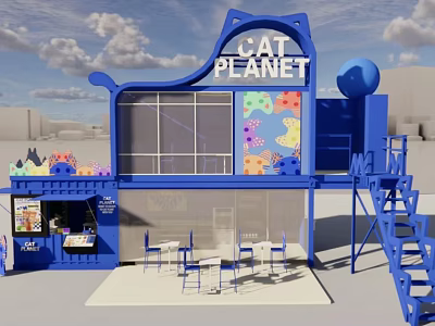 Cat Planet Themed Blue Outdoor Restaurant With Colorful Decor Dining Tables And Staircase 3d model
