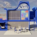 Cat Planet Themed Blue Outdoor Restaurant With Colorful Decor Dining Tables And Staircase