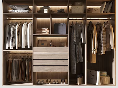 Modern Closet Interior Design With Hanging Folded Clothes Drawers Storage Boxes Shoes And Bags 3d model