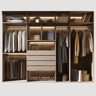 Modern Closet Interior Design With Hanging Folded Clothes Drawers Storage Boxes Shoes And Bags 3d model