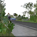 Municipal Road Urban Streetscape With Lush Greenery Trees Stone Sidewalk Pedestrian And Blue Car