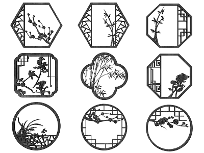 Traditional Chinese Lattice Windows With Various Shapes And Floral Bamboo Plum Patterns 3d model