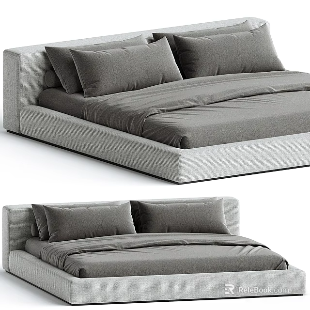 Modern Double Bed With Upholstered Headboard Plush Neutral Bedding And Minimalist Design 3d model