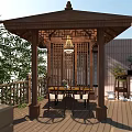 Courtyard Garden Featuring Wooden Deck Red Maple Tree Umbrella Stones And Green Plants