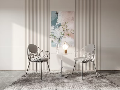 Modern Table And Chairs Set In Living Corner With Striped Walls Artwork And Lamp 3d model