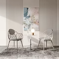 Modern Table And Chairs Set In Living Corner With Striped Walls Artwork And Lamp