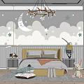 Kids Room Interior Design With Moon Stars Clouds Wallpaper Chandelier Bed And Stuffed Toys