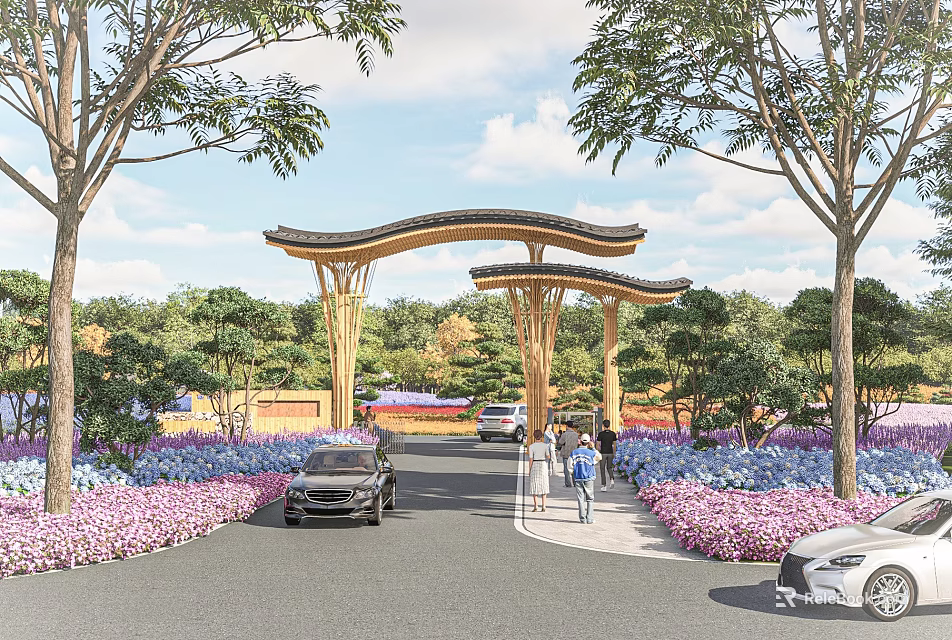 Traditional Chinese Entrance Gate with Curved Wooden Roof and Lush Greenery 3d model 