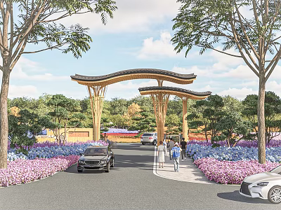 Traditional Chinese Entrance Gate with Curved Wooden Roof and Lush Greenery 3d model