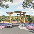 Traditional Chinese Entrance Gate with Curved Wooden Roof and Lush Greenery