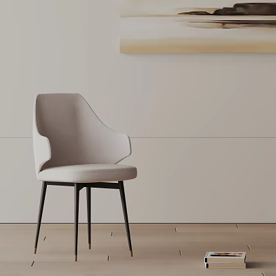 Modern Light Grey Dining Chair With Curved Backrest And Black Metal Legs 3d model