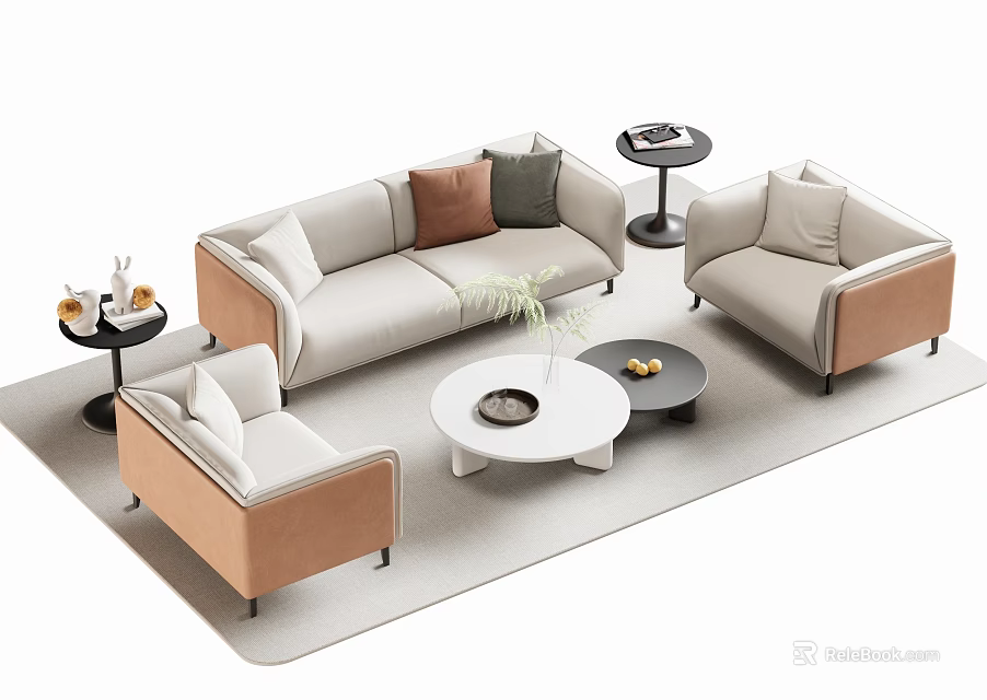 Modern Sofa and Coffee Table Set with Beige Upholstery Accent Pillows and Round Table 3d model 