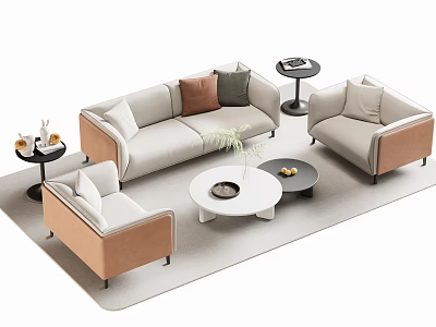 Modern Sofa and Coffee Table Set with Beige Upholstery Accent Pillows and Round Table 3d model