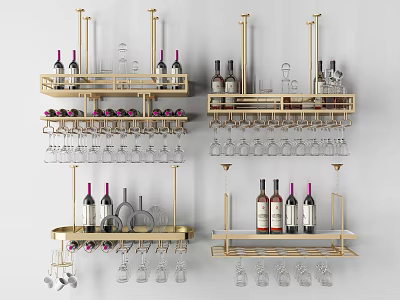 Elegant Gold Wine Rack Design With Layered Shelves For Wine Bottles And Glasses 3d model