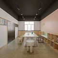 Kindergarten Learning Space With Large Wooden Table Small Stools And Children's Paintings On Wall