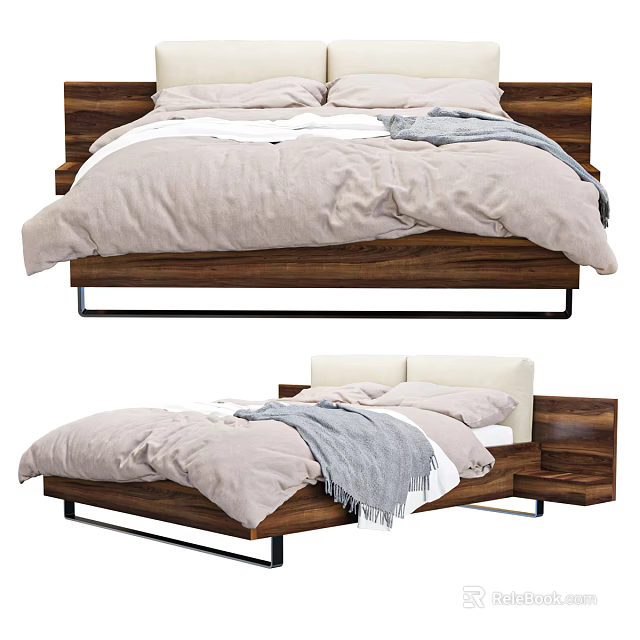 Modern Wooden Double Bed With Light Linen Sheets And Gray Throw Blanket 3d model