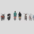 Colorful Motorcycles And Bicycles With Two People Standing In The Middle