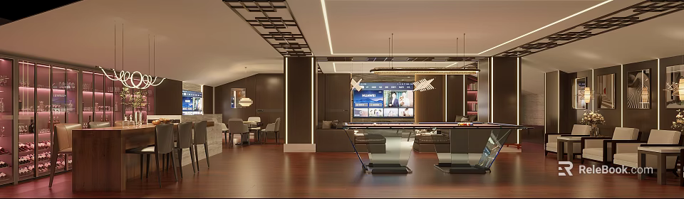 Modern Billiard Room Interior With Luxury Pool Table And Lounge Seating Area 3d model 