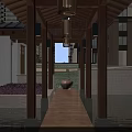 Wooden Pavilion Garden Feature With Hanging Lanterns Water Reflection And Outdoor Seating