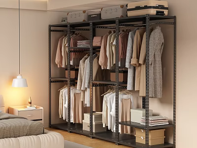 Open Metal Clothes Rack with Multi Layer Design Hanging Clothes and Storage Shelves in Bedroom 3d model