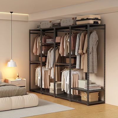 Open Metal Clothes Rack with Multi Layer Design Hanging Clothes and Storage Shelves in Bedroom 3d model