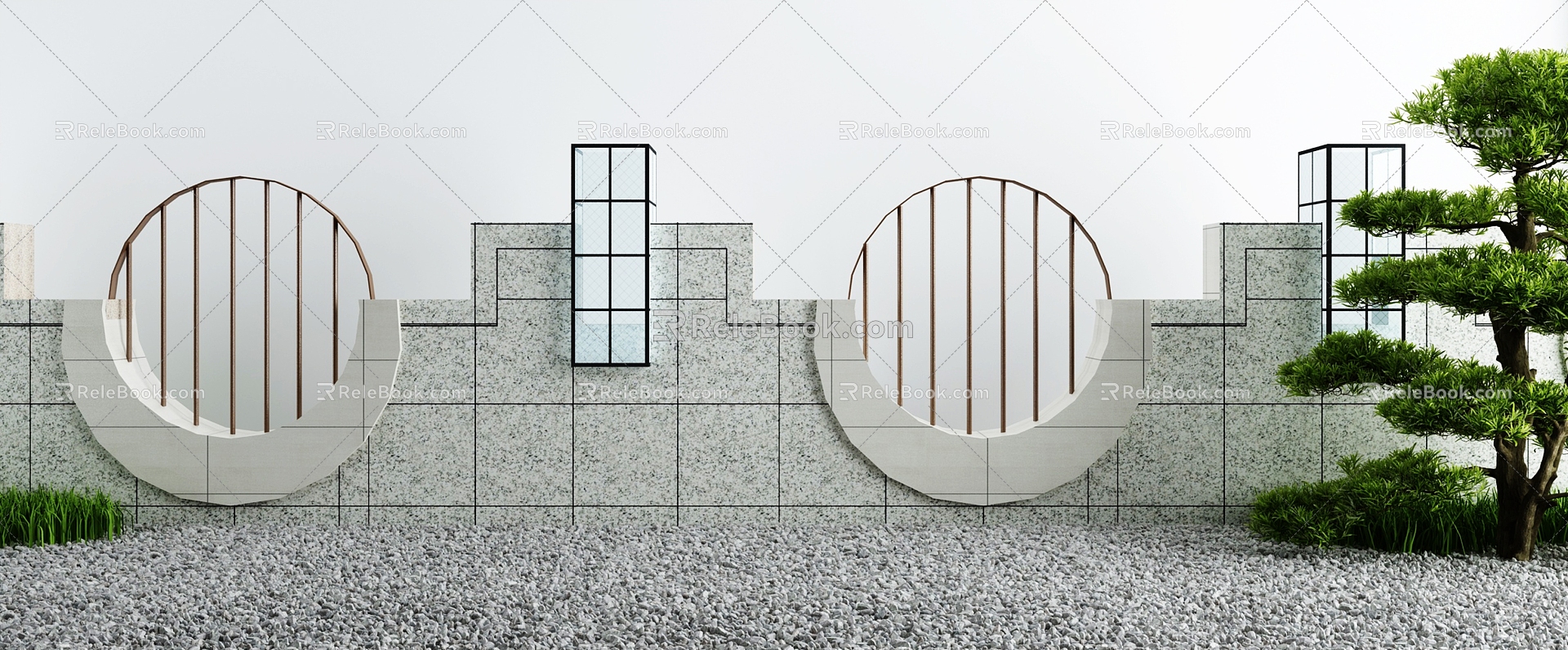 Modern walled courtyard landscape sketch 3d model