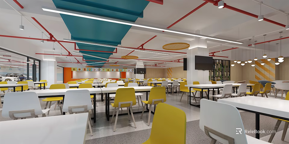Bright Modern Learning Space With Yellow White Chairs Red Beams And Blue Ceiling 3d model