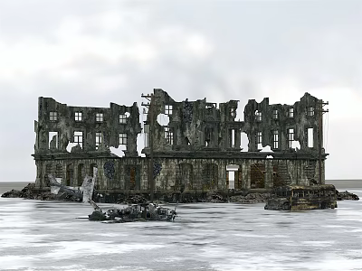 Ruined Architectural Components Of Abandoned Building With Broken Windows And Debris 3d model