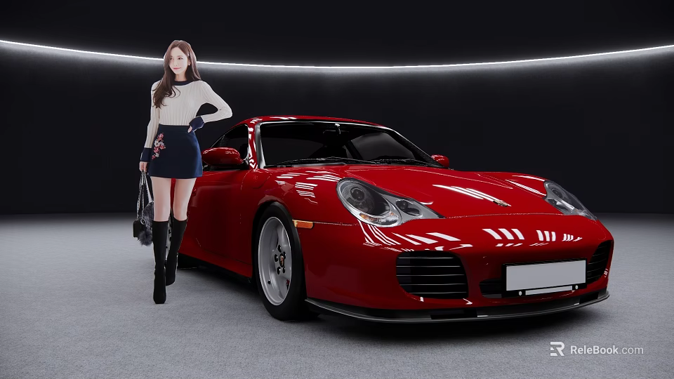 Red Sports Car With Stylish Woman Standing Beside In Modern Studio 3d model 