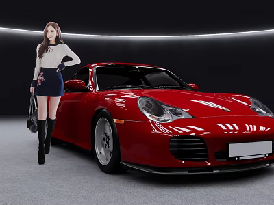 Red Sports Car With Stylish Woman Standing Beside In Modern Studio 3d model