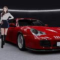 Red Sports Car With Stylish Woman Standing Beside In Modern Studio