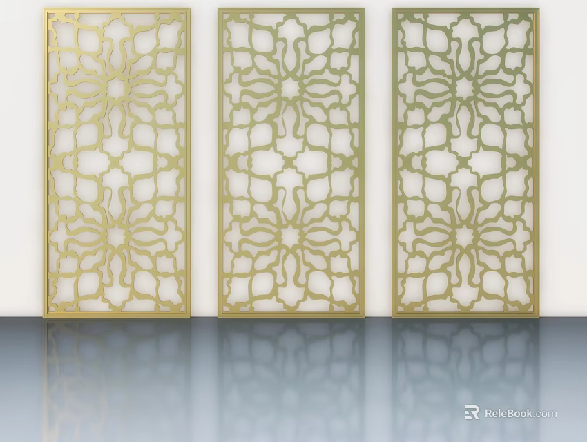 Golden Hinged Doors With Intricate Floral Carved Patterns For Interior Design 3d model
