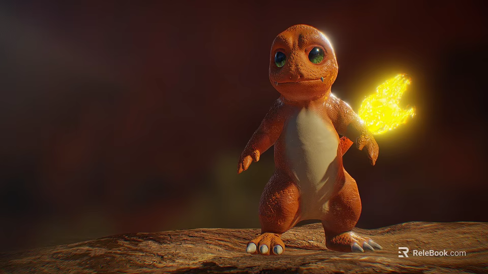 Cute Orange Small Dinosaur Game Movie Character With Yellow Flame On Tail Standing On Rock 3d model 