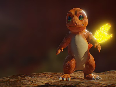 Cute Orange Small Dinosaur Game Movie Character With Yellow Flame On Tail Standing On Rock 3d model