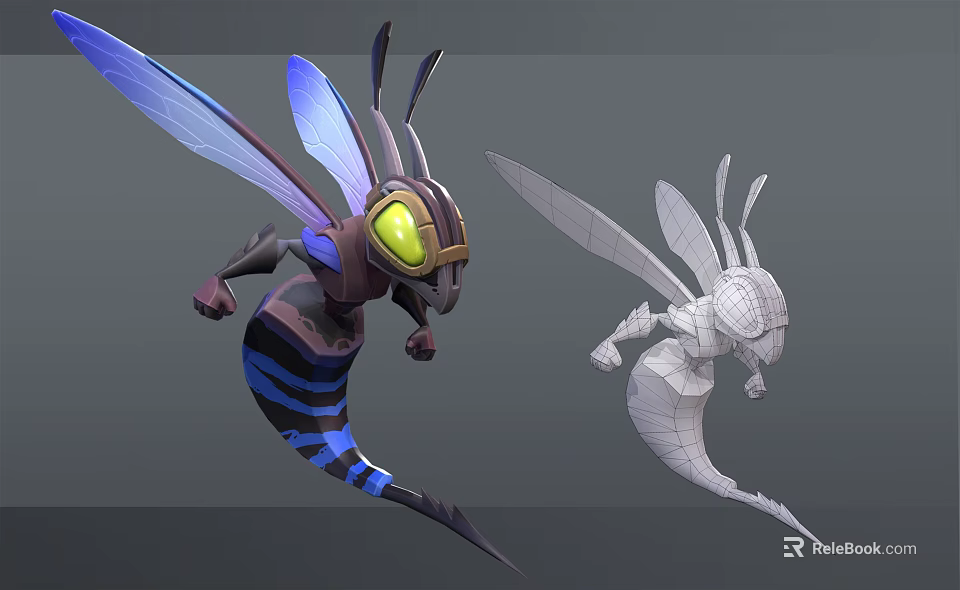 Winged Insect Creature Character Design With Colored Model And Wireframe 3D Render 3d model 