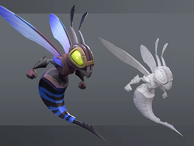 Winged Insect Creature Character Design With Colored Model And Wireframe 3D Render 3d model