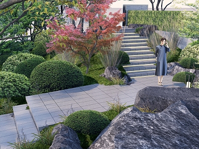 Modern Garden Landscape Step Landscape Mountain Park Plant Landscape Stone Combination Arbor and Shrub Combination model