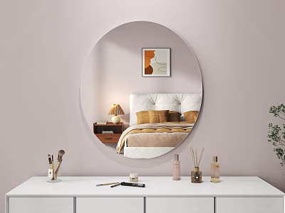 Oval Mirror Reflecting Cozy Bedroom Over Dressing Table 3d model