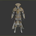 Mythical Warrior Character in Ornate Gold and Silver Armor with Intricate Designs and Crowned Head