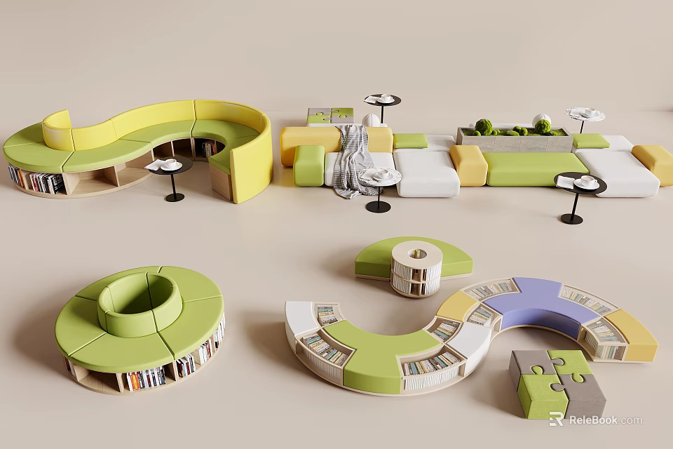 Modern Modular Leisure Sofa Set With Curved Design Multicolor Sections And Side Tables 3d model 