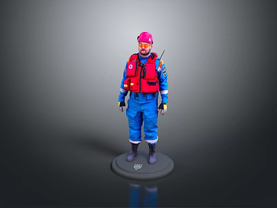 A Man in Blue Uniform Red Life Jacket and Red Helmet Standing On Gray Base 3d model