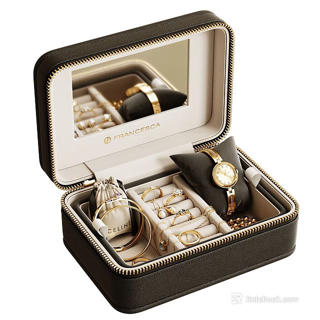 Pandora Black Jewelry Box With Watches Rings Bracelets Necklaces Velvet Lining And Mirror 3d model 