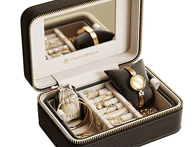 Pandora Black Jewelry Box With Watches Rings Bracelets Necklaces Velvet Lining And Mirror 3d model
