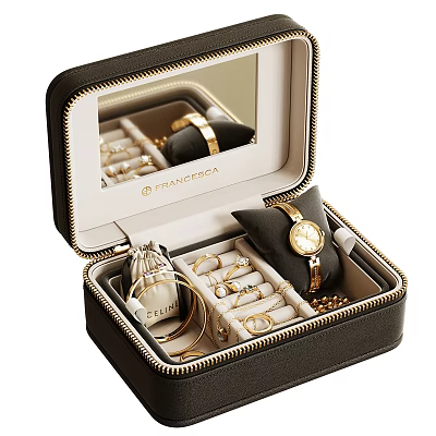 Pandora Black Jewelry Box With Watches Rings Bracelets Necklaces Velvet Lining And Mirror 3d model
