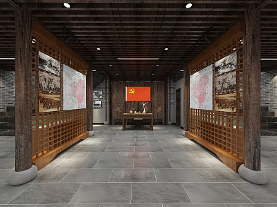 Traditional Chinese Tea House Interior With Wooden Pillars Stone Floor And Red Flag 3d model